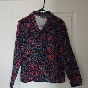 Chico's Additions Black Jacket with Pink & Teal Abstract Print